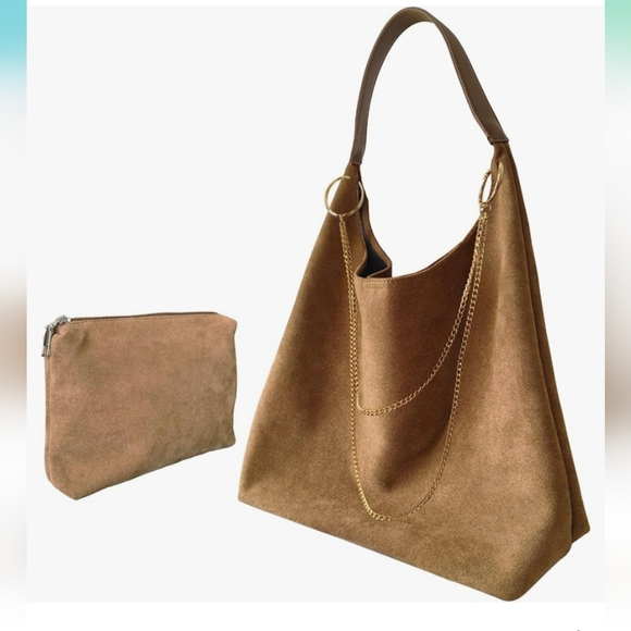 NEW Trendy Khaki Soft Suede Tote Bag Set - Picture 1 of 5